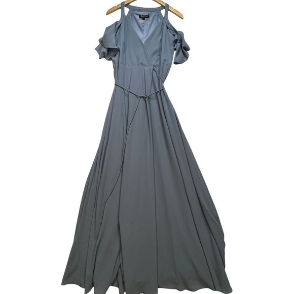 Lulus Dresses & Skirts - Lulus Womens Wrap V Neck Maxi Dress Short Sleeve Cold Shoulder Size S Dusty Blue